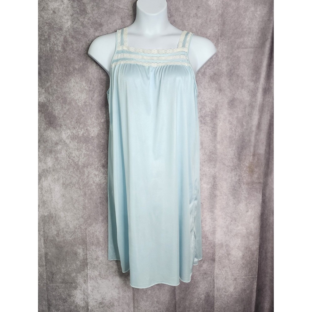 Philmaid Vintage Light Blue Nylon Lace Trim Shift Gown Nightgown Large‎